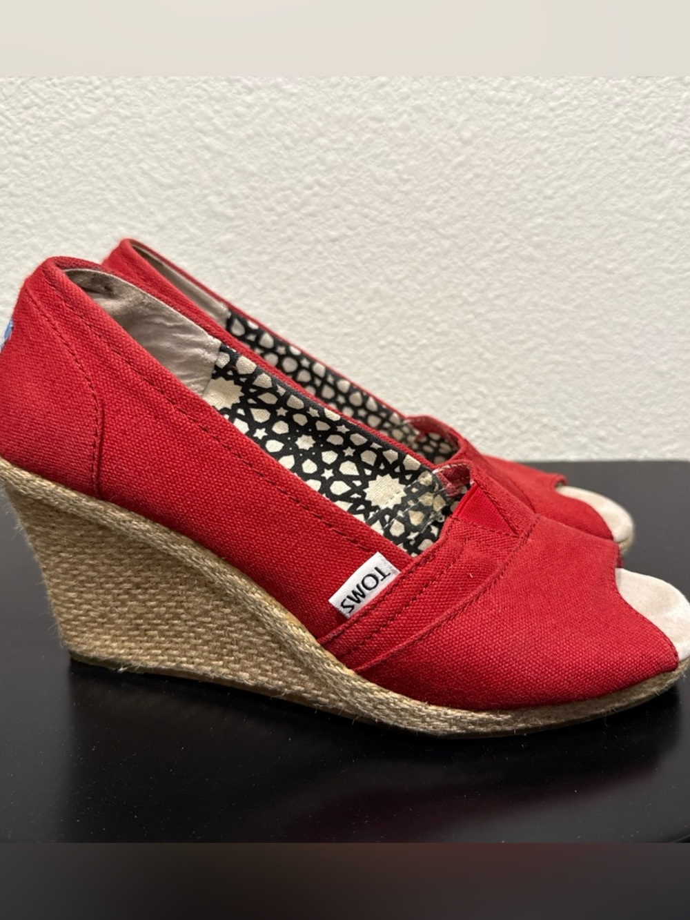Toms Red Canvas Open-Toe Wedge Espadrille